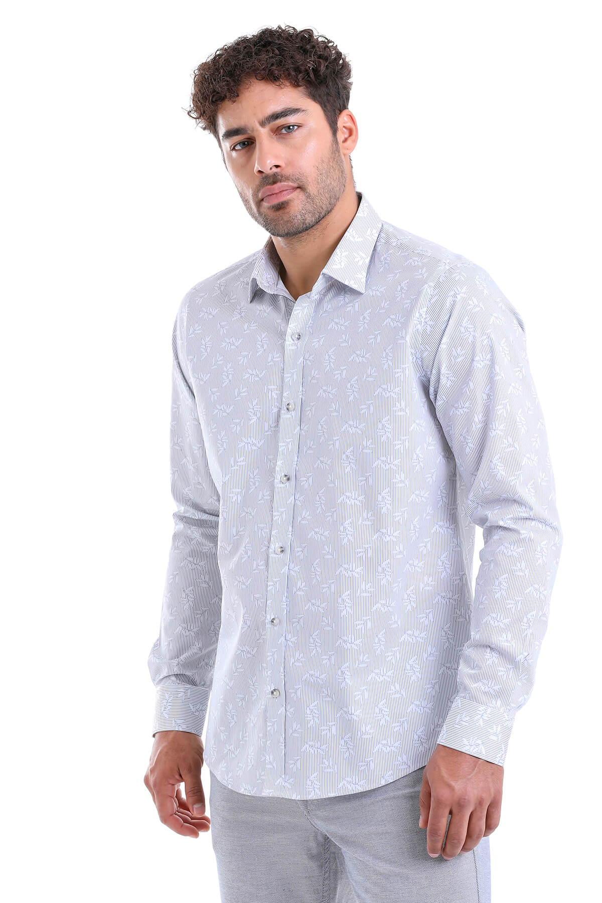 Comfort Fit Floral Stripe Printed Cotton Gray Casual Shirt