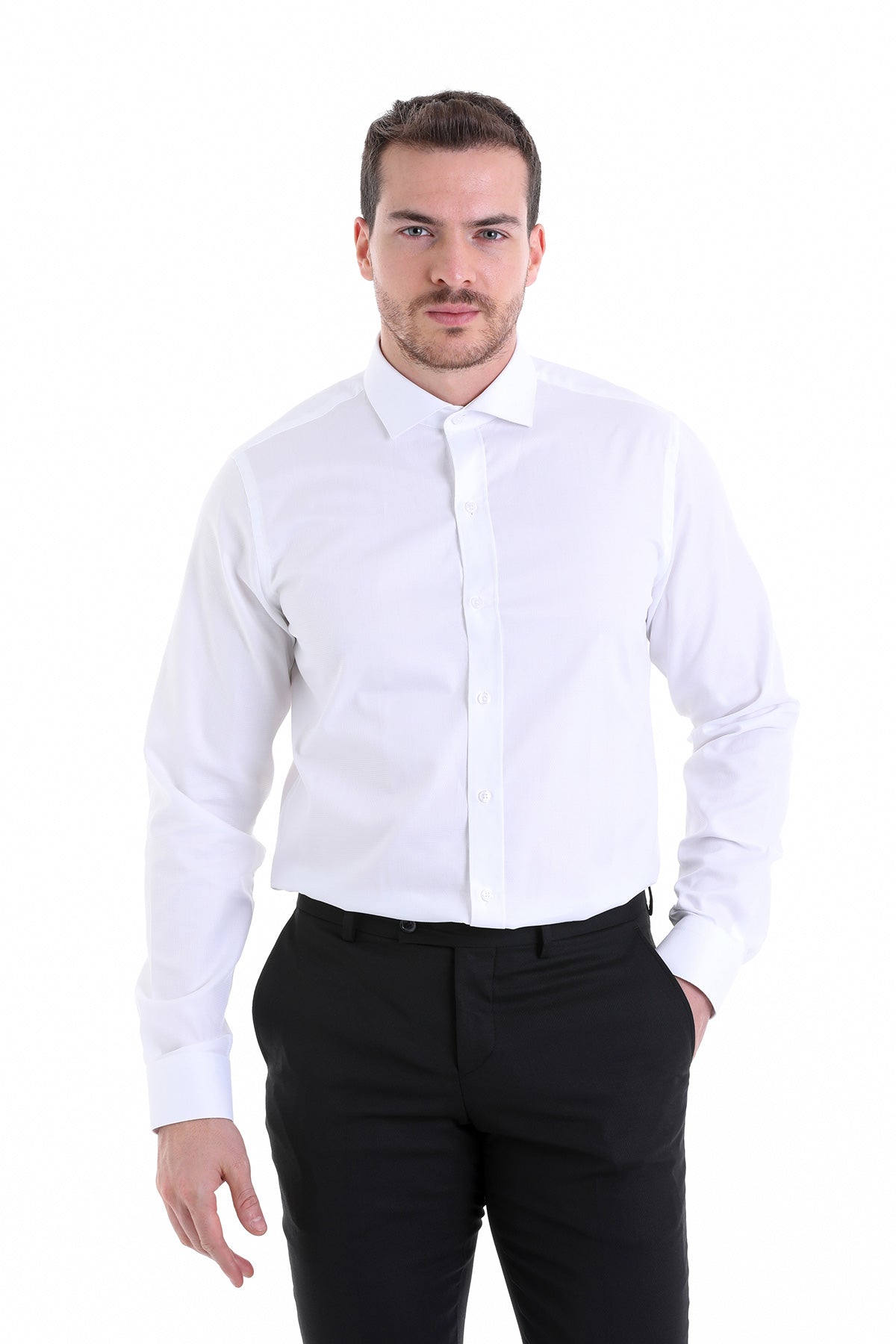 Comfort Fit Italian Spread Collar Cotton White Dress Shirt