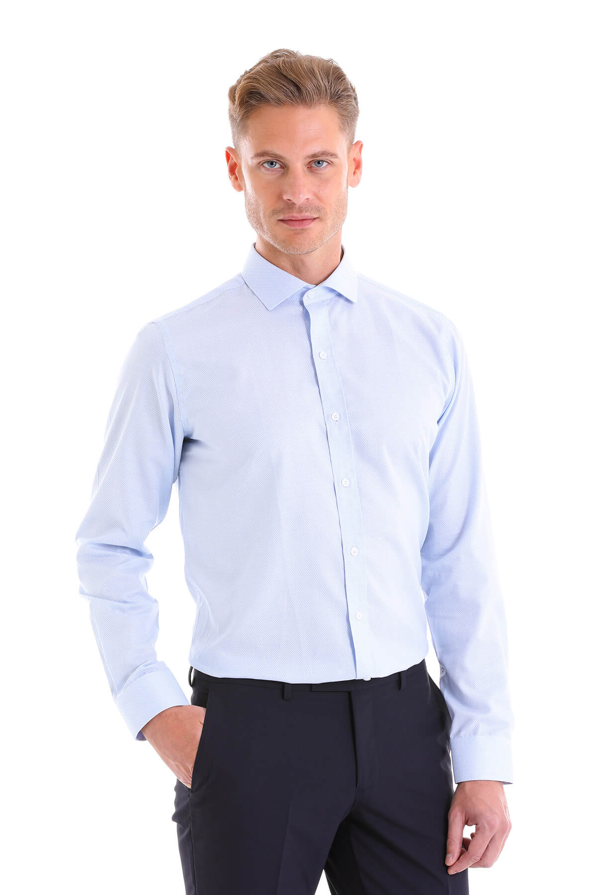 Comfort Fit Italian Spread Collar Light Blue Dress Shirt