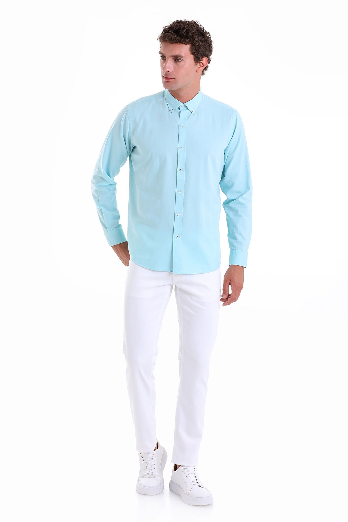 Comfort Fit Long Sleeve Cotton Green Water Casual Shirt