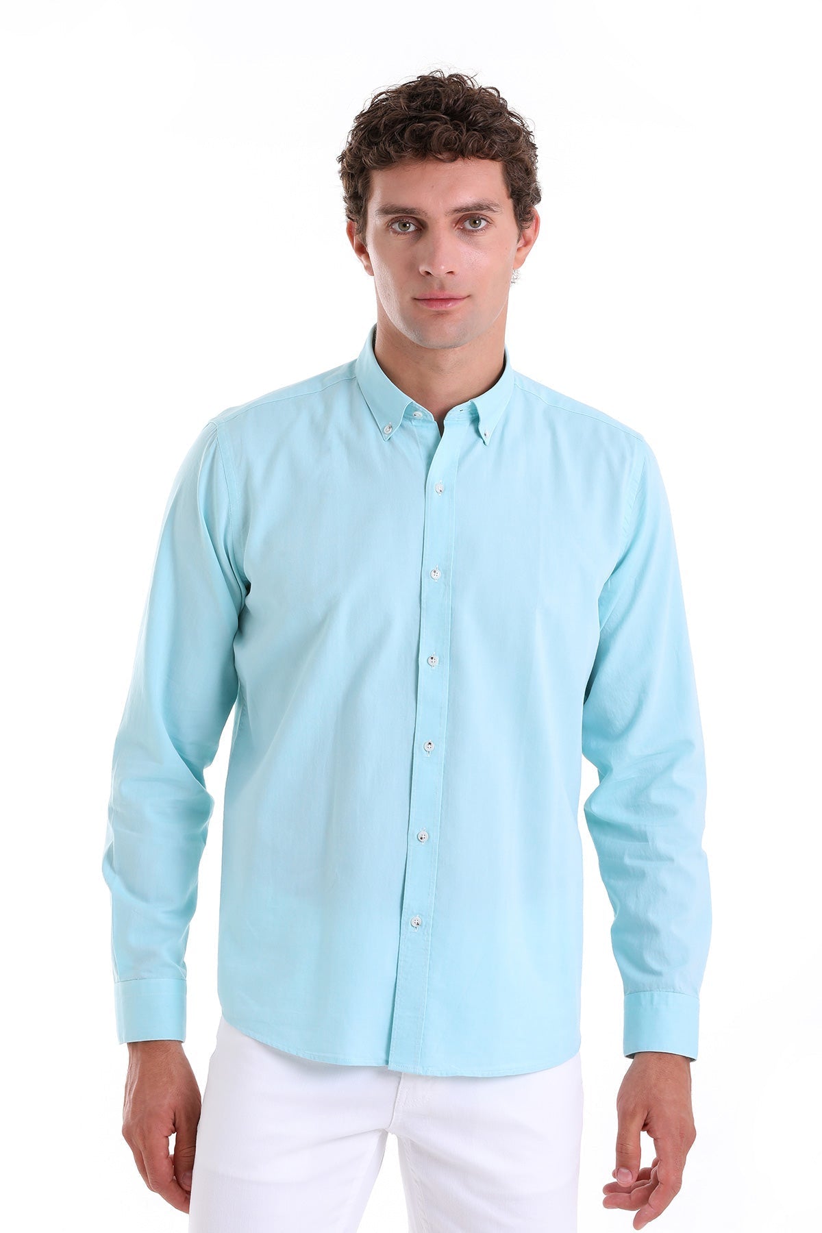 Comfort Fit Long Sleeve Cotton Green Water Casual Shirt