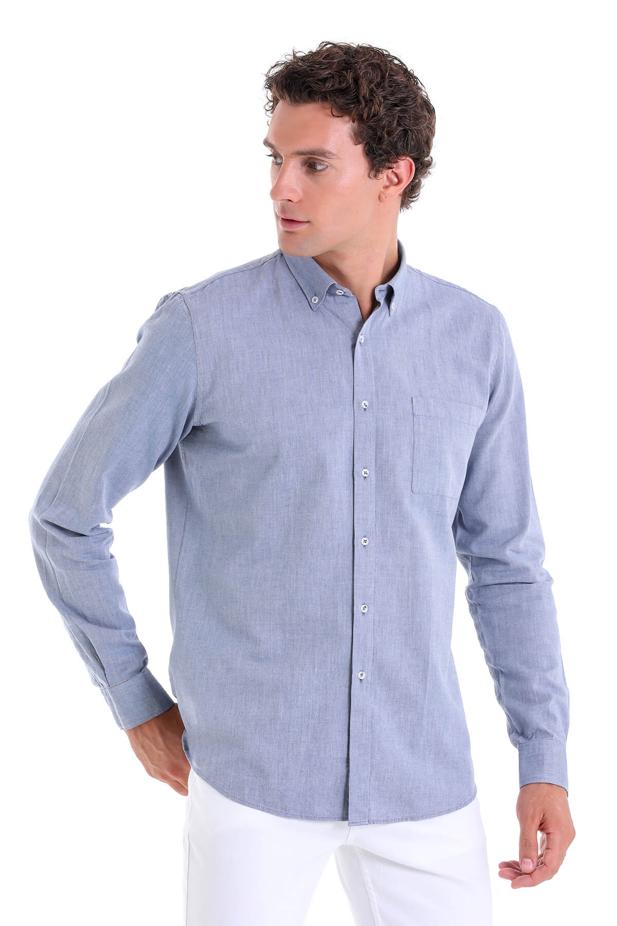 Comfort Fit Long Sleeve Cotton Light Navy Casual Shirt - MIB