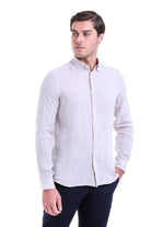 Comfort Fit Long Sleeve Linen Beige Casual Shirt - MIB