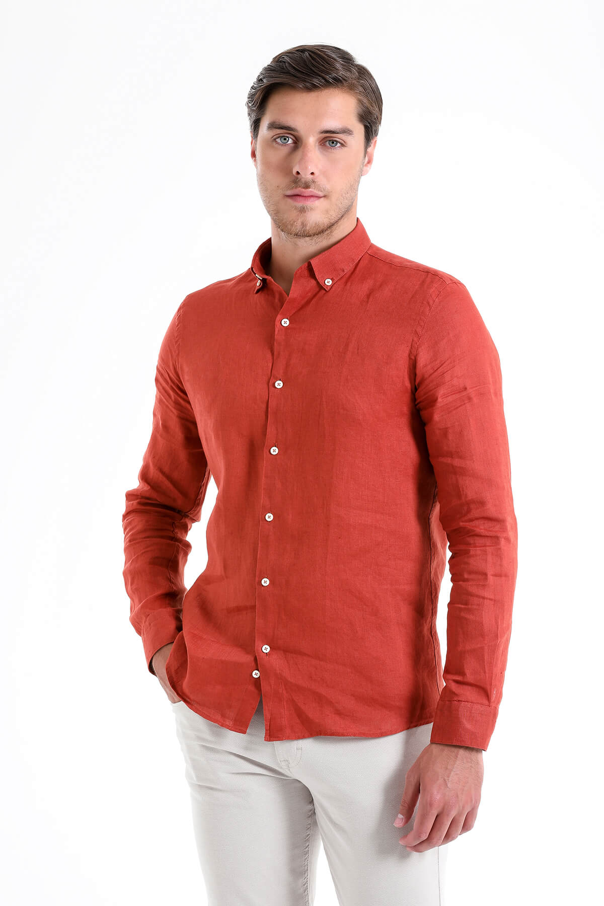 Comfort Fit Long Sleeve Linen Brick Casual Shirt - MIB