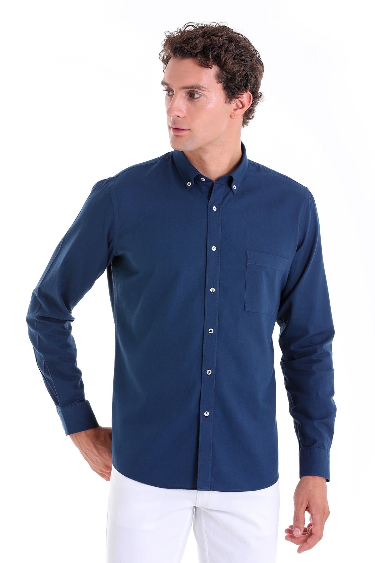 Comfort Fit Long Sleeve Oxford Cotton Navy Casual Shirt