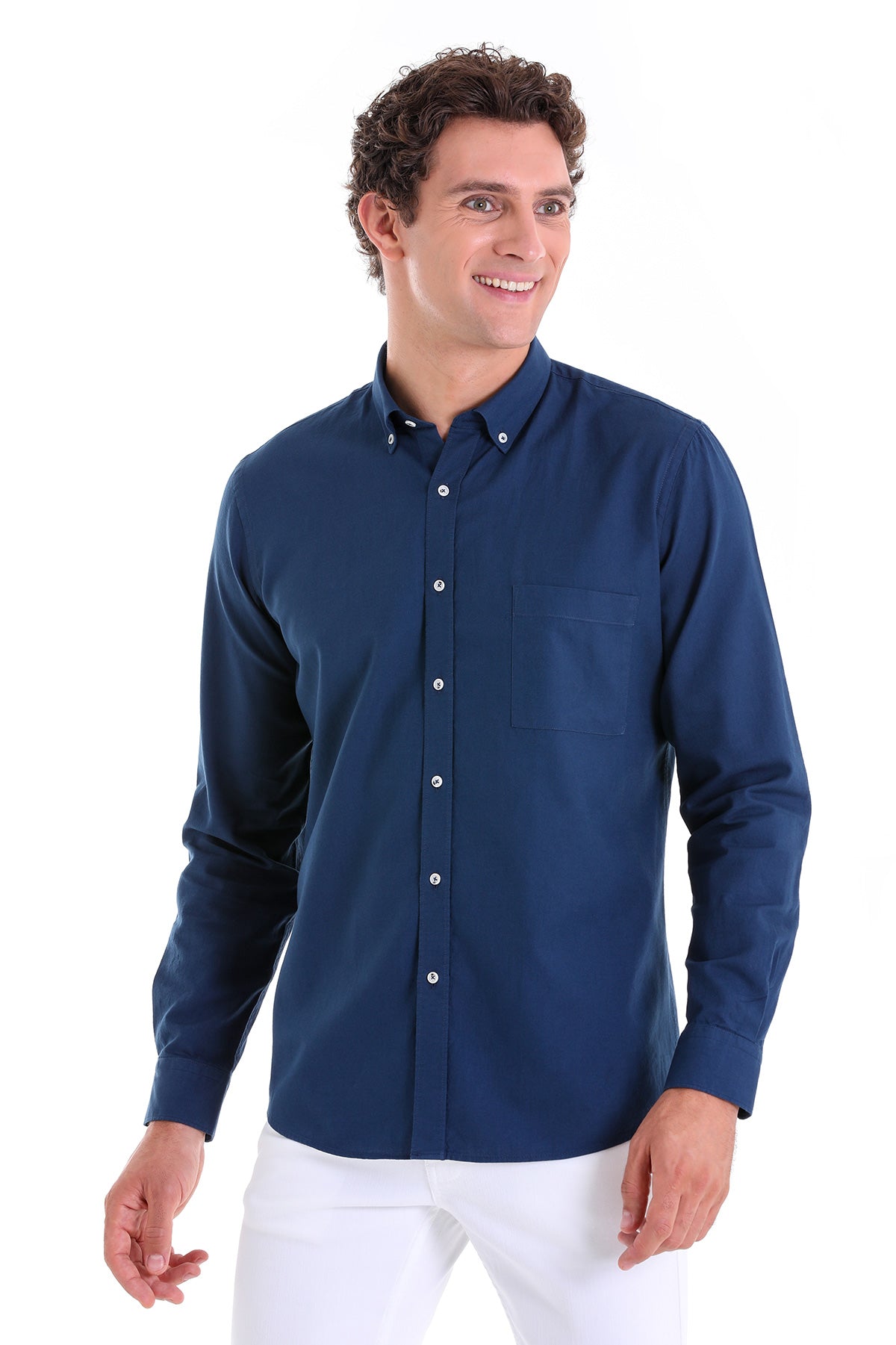 Comfort Fit Long Sleeve Oxford Cotton Navy Casual Shirt