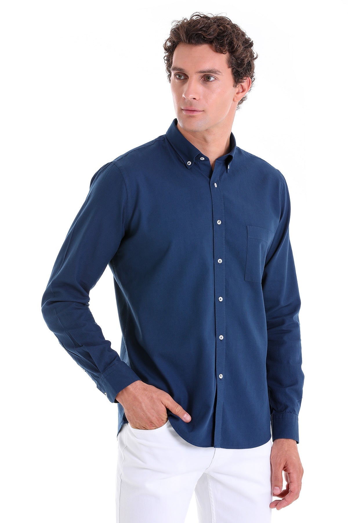 Comfort Fit Long Sleeve Oxford Cotton Navy Casual Shirt