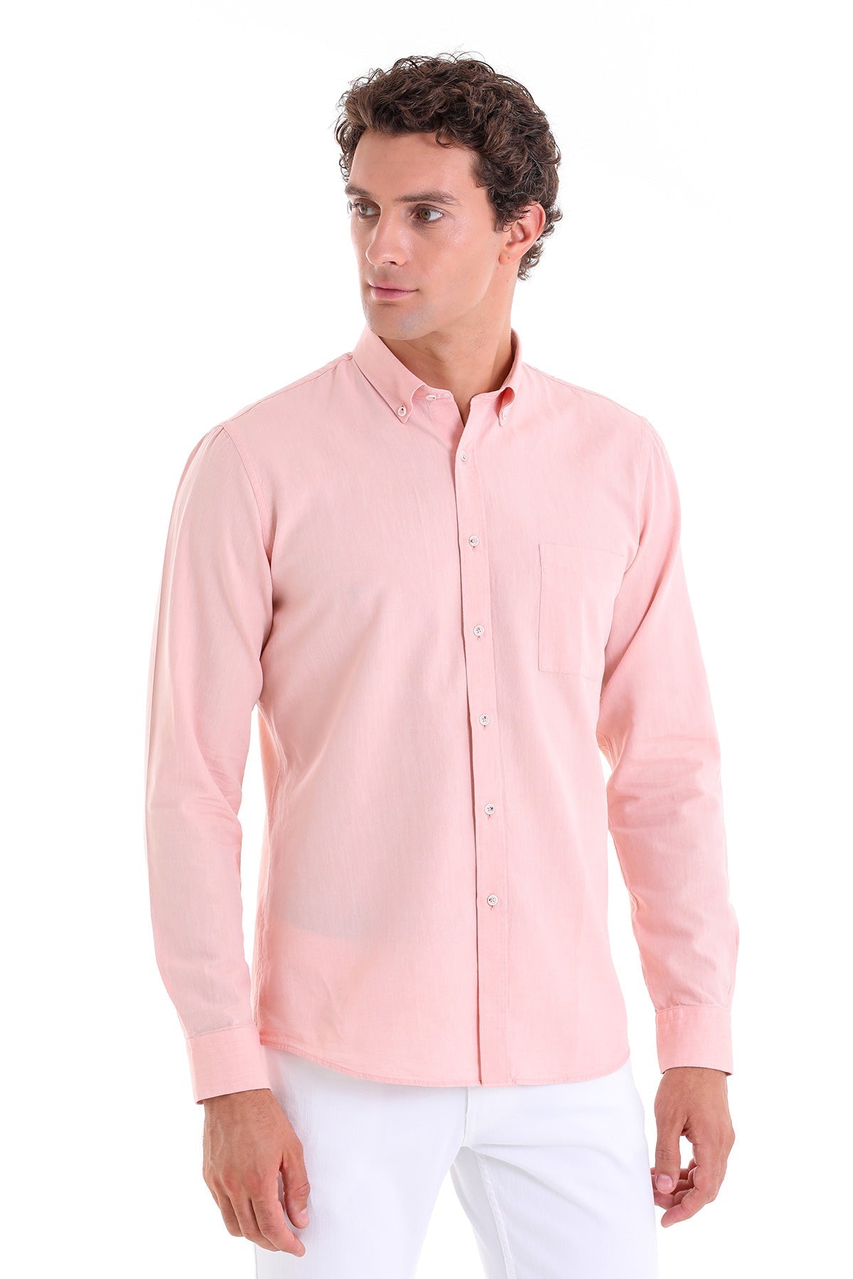 Comfort Fit Long Sleeve Oxford Cotton Orange Casual Shirt