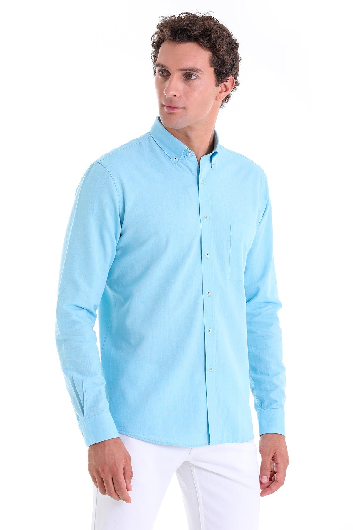 Comfort Fit Long Sleeve Oxford Cotton Turquoise Casual