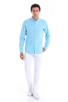 Comfort Fit Long Sleeve Oxford Cotton Turquoise Casual