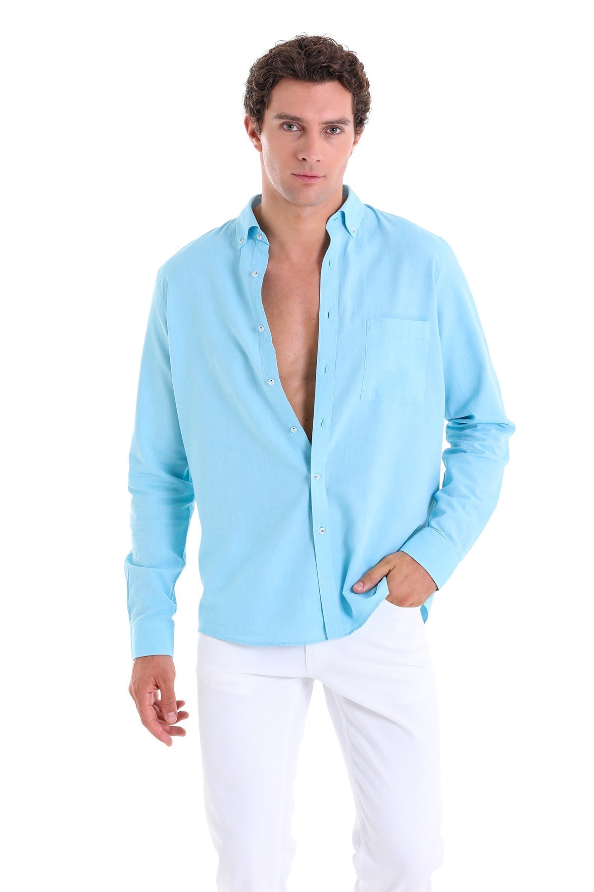 Comfort Fit Long Sleeve Oxford Cotton Turquoise Casual