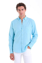 Comfort Fit Long Sleeve Oxford Cotton Turquoise Casual