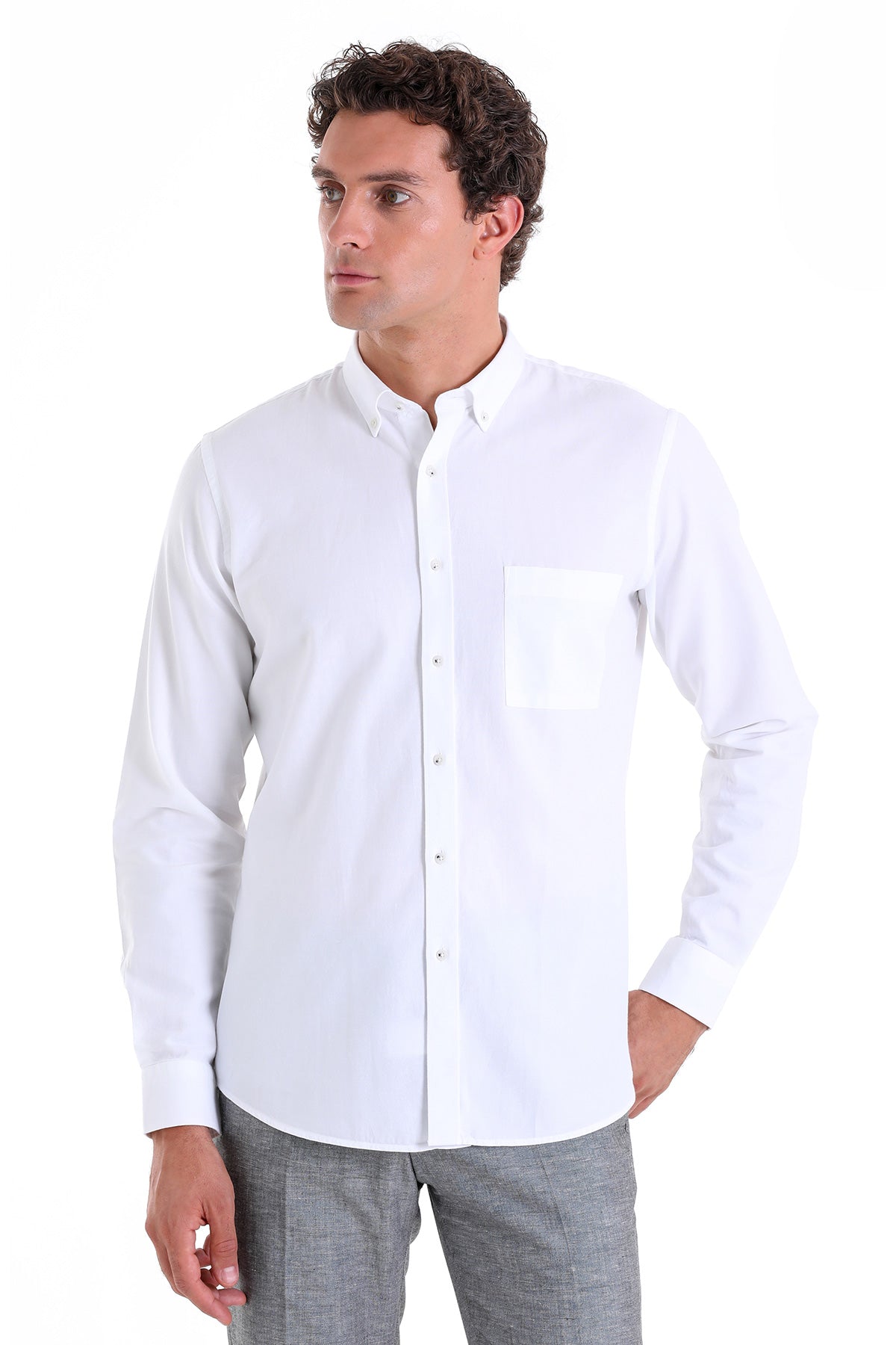 Comfort Fit Long Sleeve Oxford Cotton White Casual Shirt