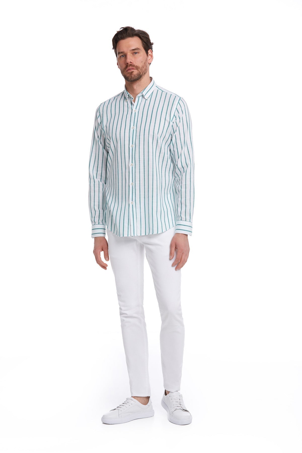 Comfort Fit Long Sleeve Pinstripe Cotton Green Casual Shirt