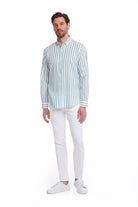 Comfort Fit Long Sleeve Pinstripe Cotton Green Casual Shirt