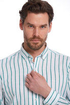 Comfort Fit Long Sleeve Pinstripe Cotton Green Casual Shirt