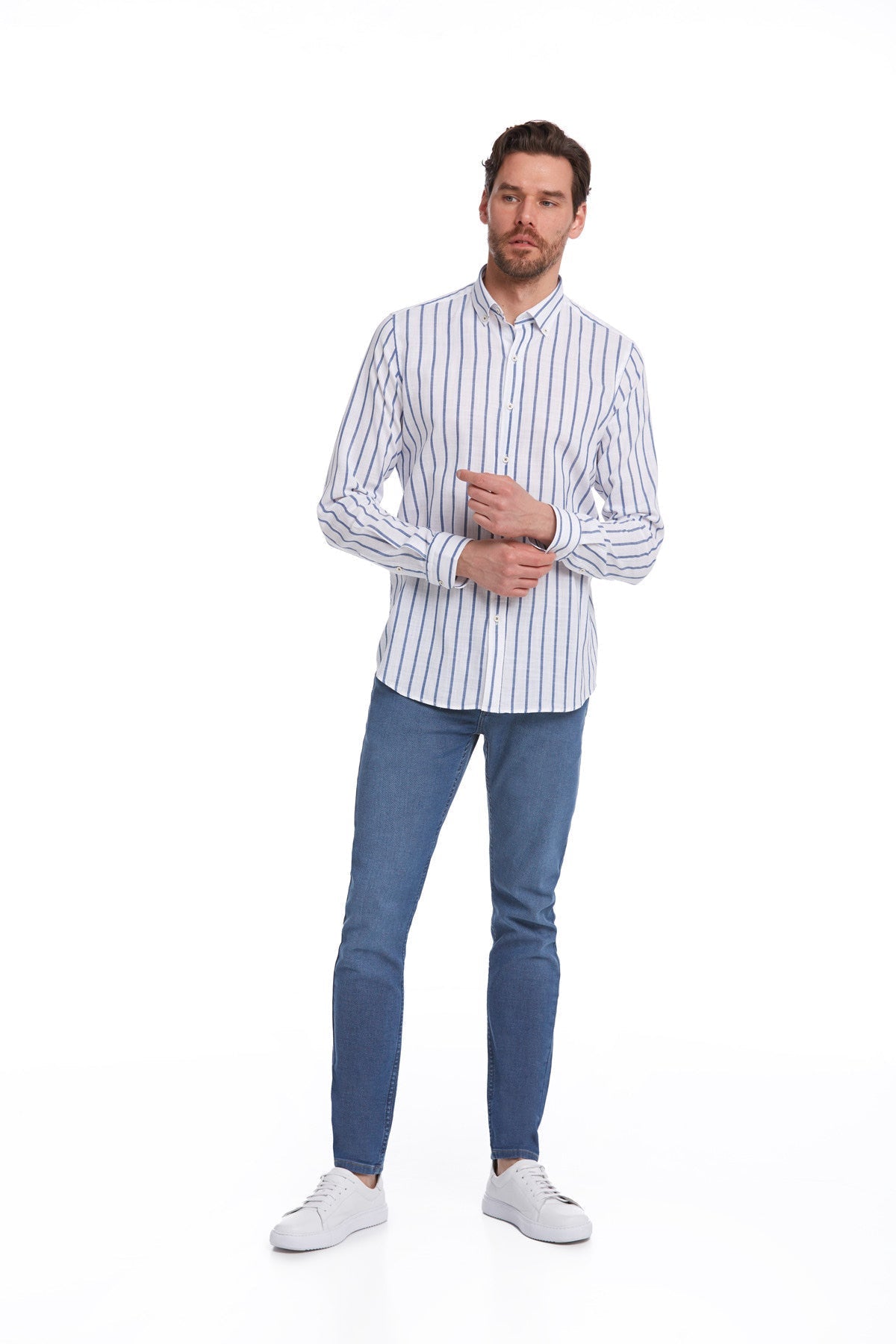 Comfort Fit Long Sleeve Pinstripe Cotton Navy Casual Shirt