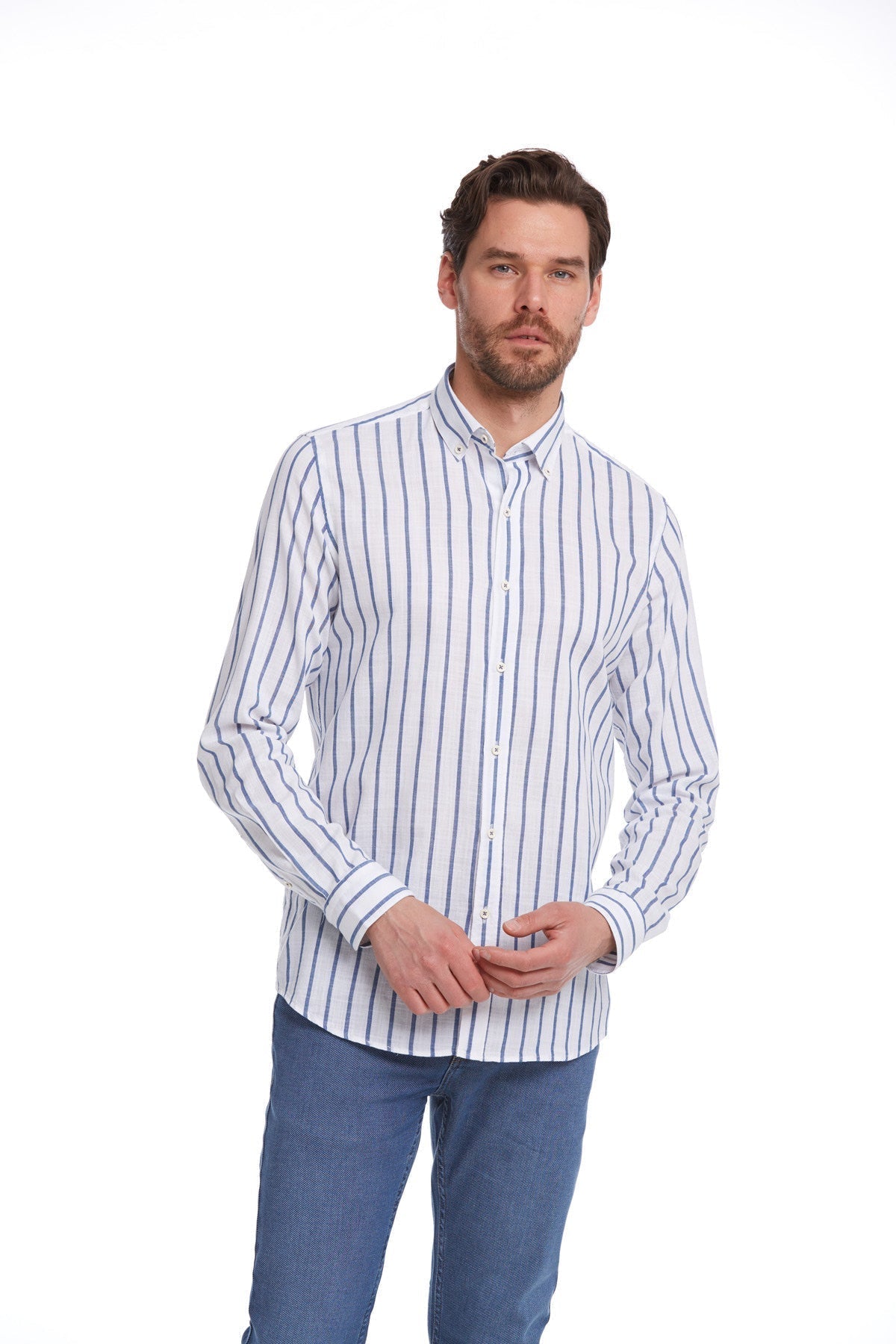 Comfort Fit Long Sleeve Pinstripe Cotton Navy Casual Shirt