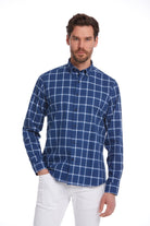 Comfort Fit Long Sleeve Plaid Cotton Navy Casual Shirt - MIB