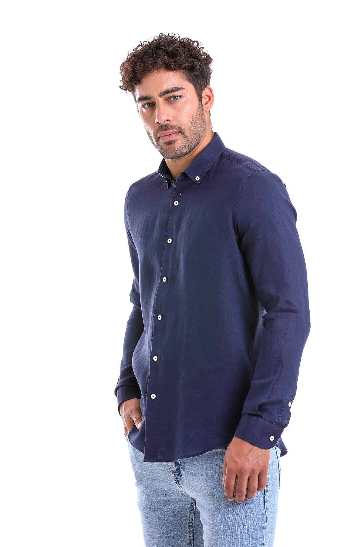 Comfort Fit Long Sleeve Plain Linen Casual Shirt Navy - MIB