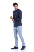 Comfort Fit Long Sleeve Plain Linen Casual Shirt Navy - MIB