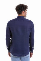 Comfort Fit Long Sleeve Plain Linen Casual Shirt Navy - MIB