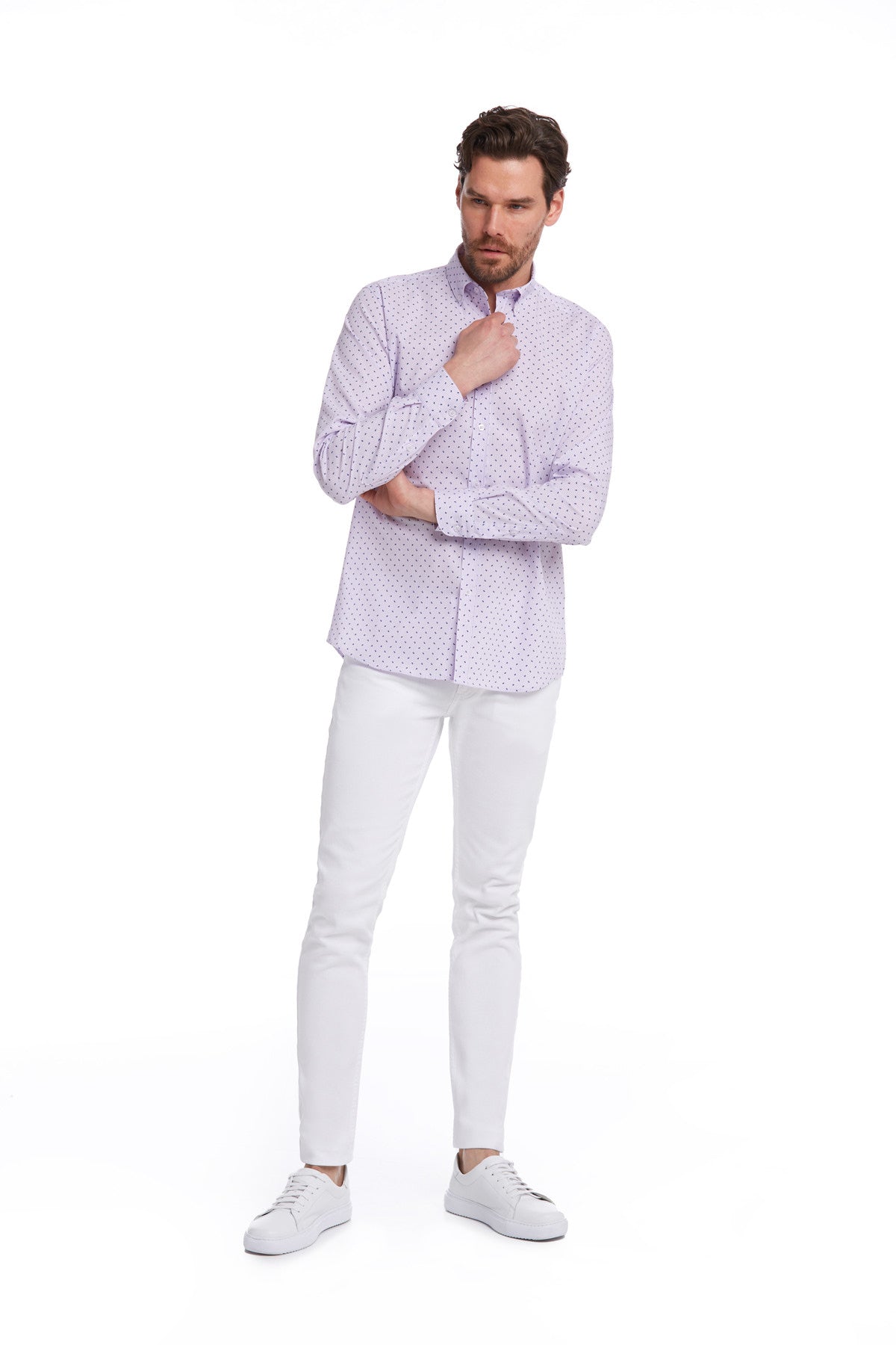 Comfort Fit Long Sleeve Printed Cotton Lilac Casual Shirt