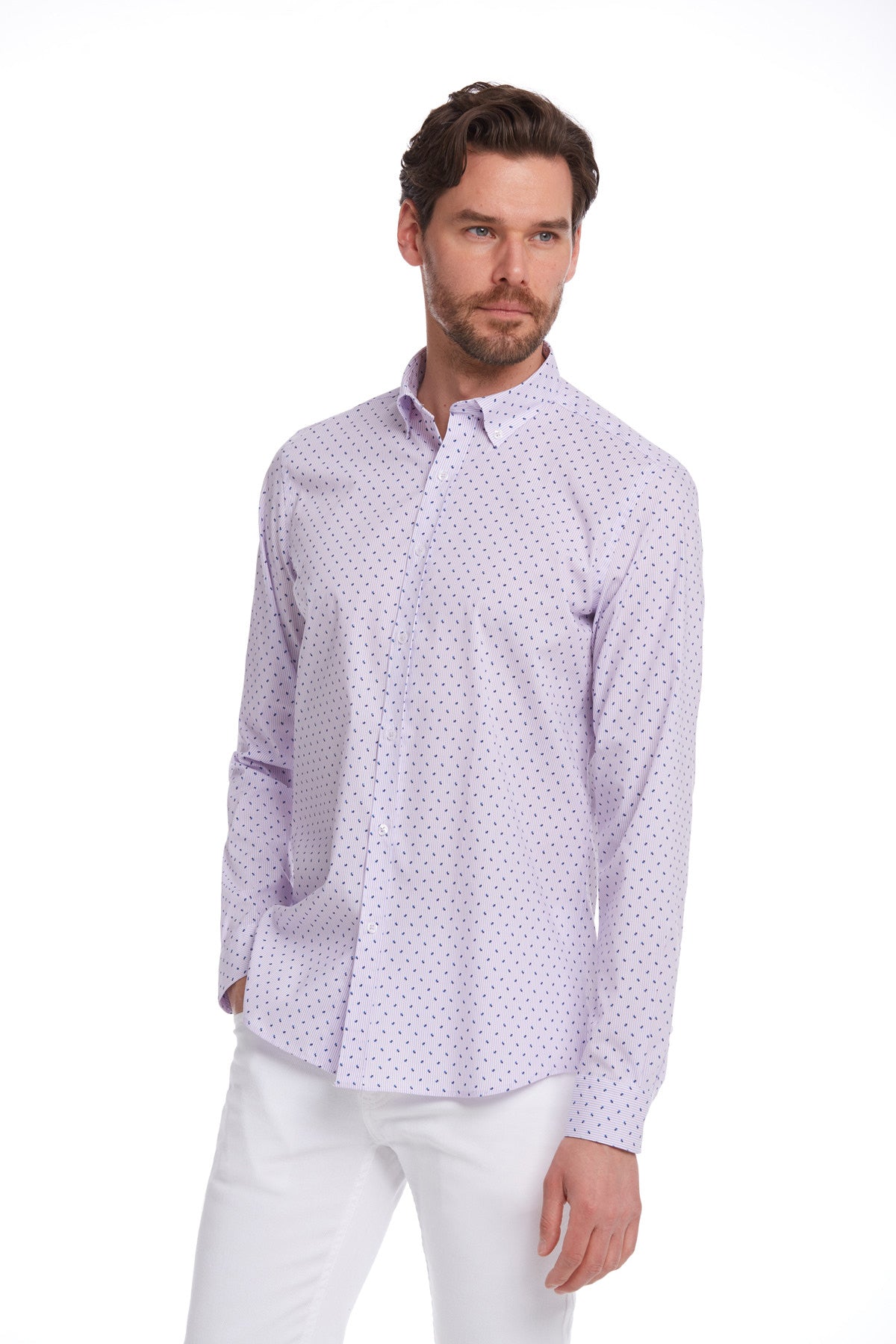 Comfort Fit Long Sleeve Printed Cotton Lilac Casual Shirt