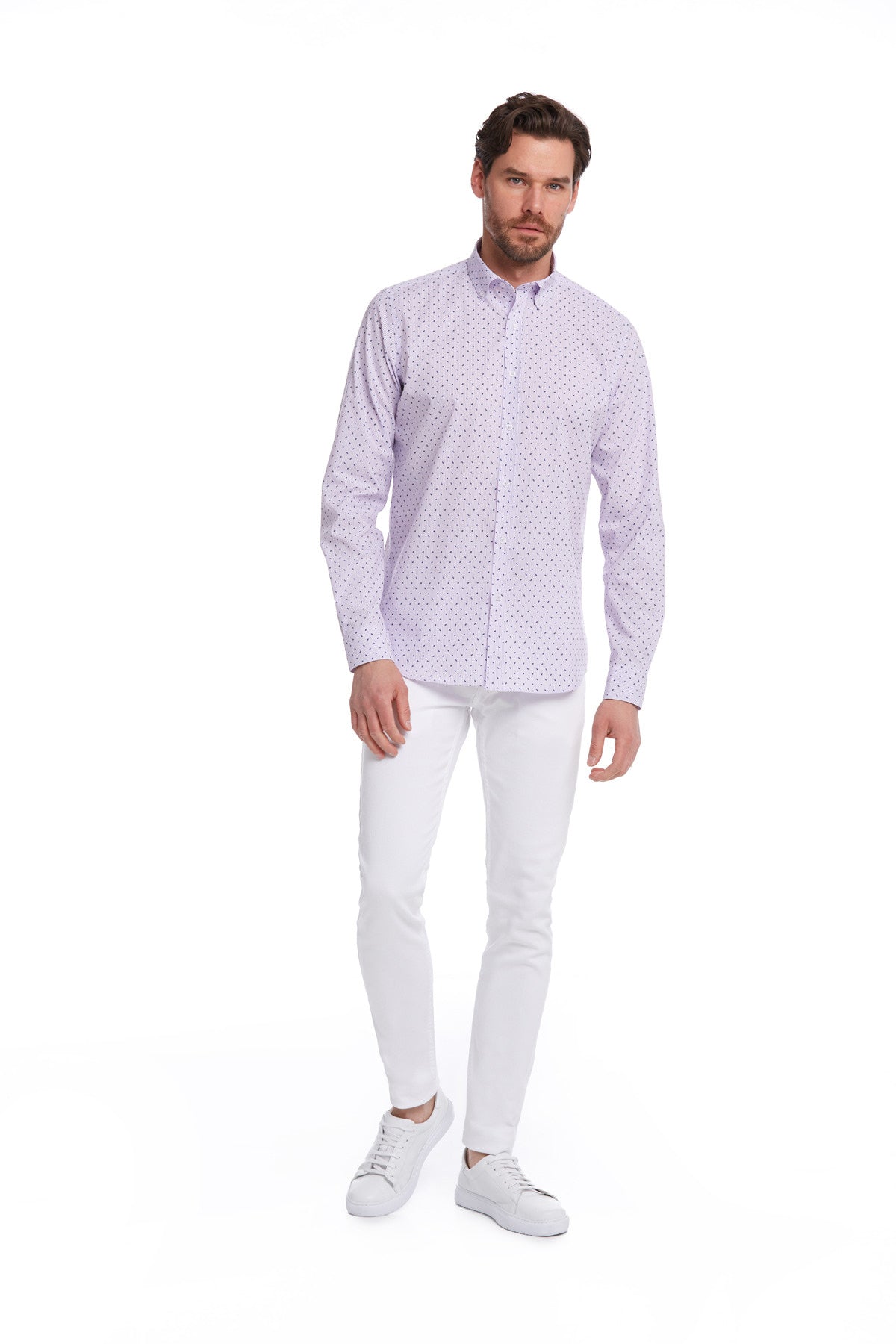 Comfort Fit Long Sleeve Printed Cotton Lilac Casual Shirt