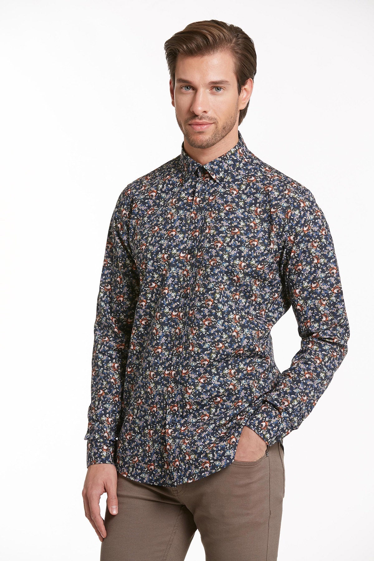 Comfort Fit Long Sleeve Printed Cotton Orange Casual Shirt