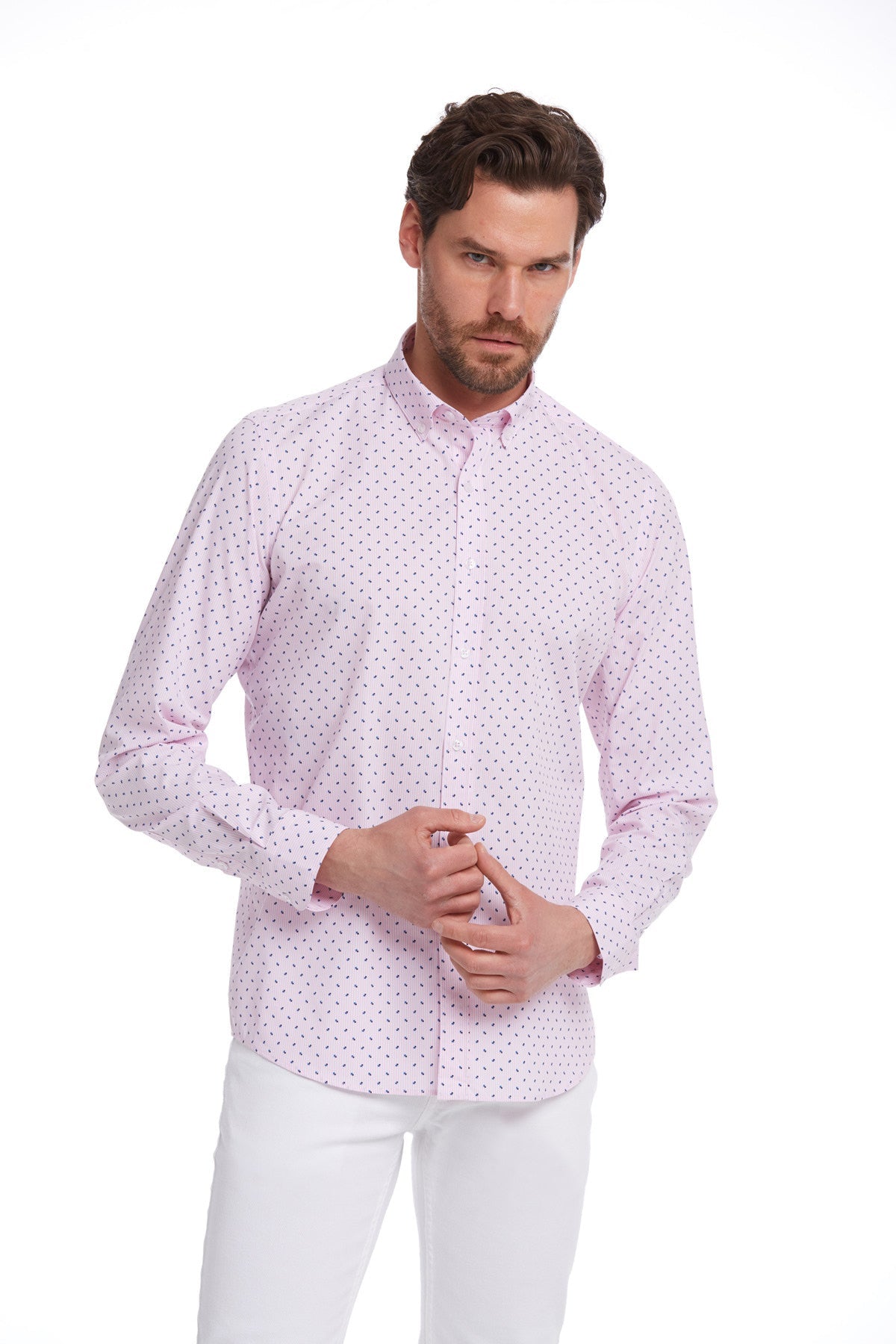 Comfort Fit Long Sleeve Printed Cotton Pink Casual Shirt