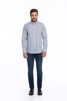 Comfort Fit Long Sleeve Striped Cotton Blue Casual Shirt