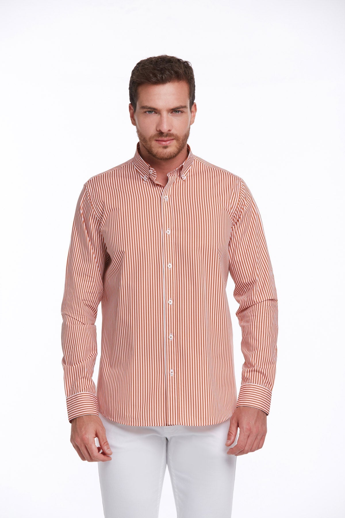 Comfort Fit Long Sleeve Striped Cotton Brick Casual Shirt