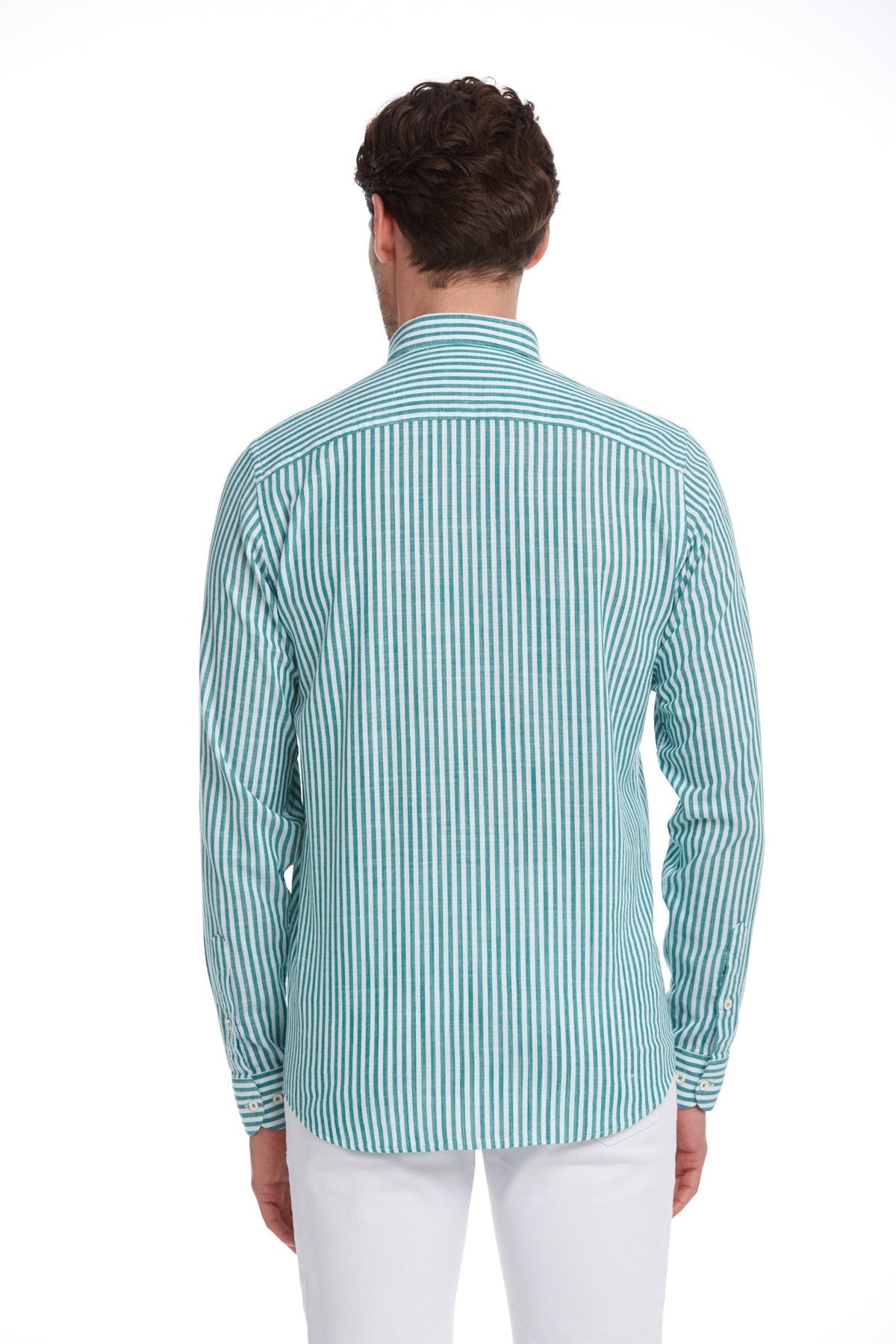 Comfort Fit Long Sleeve Striped Cotton Green Casual Shirt