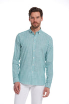 Comfort Fit Long Sleeve Striped Cotton Green Casual Shirt