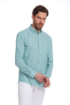 Comfort Fit Long Sleeve Striped Cotton Green Casual Shirt