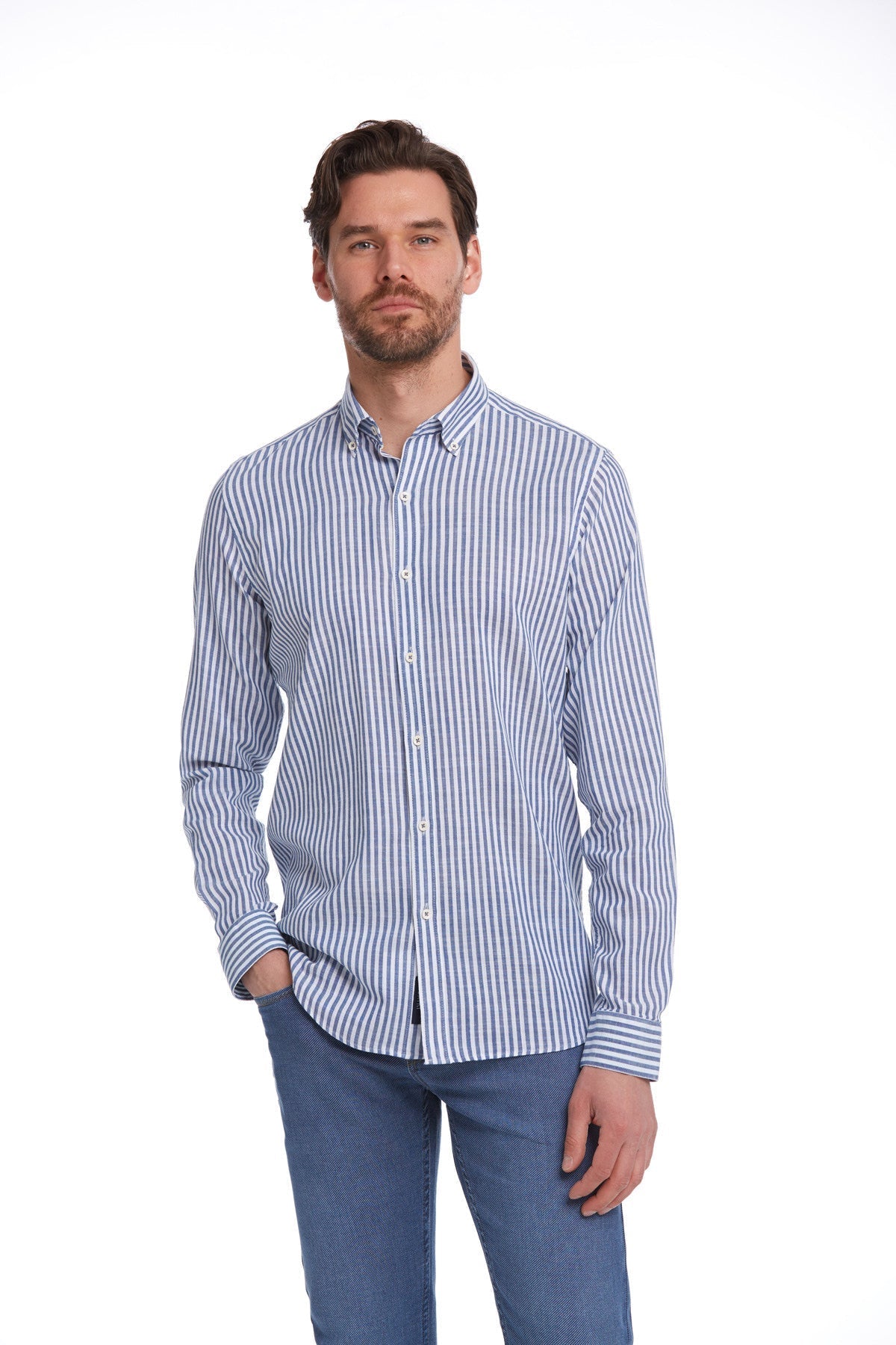 Comfort Fit Long Sleeve Striped Cotton Navy Casual Shirt