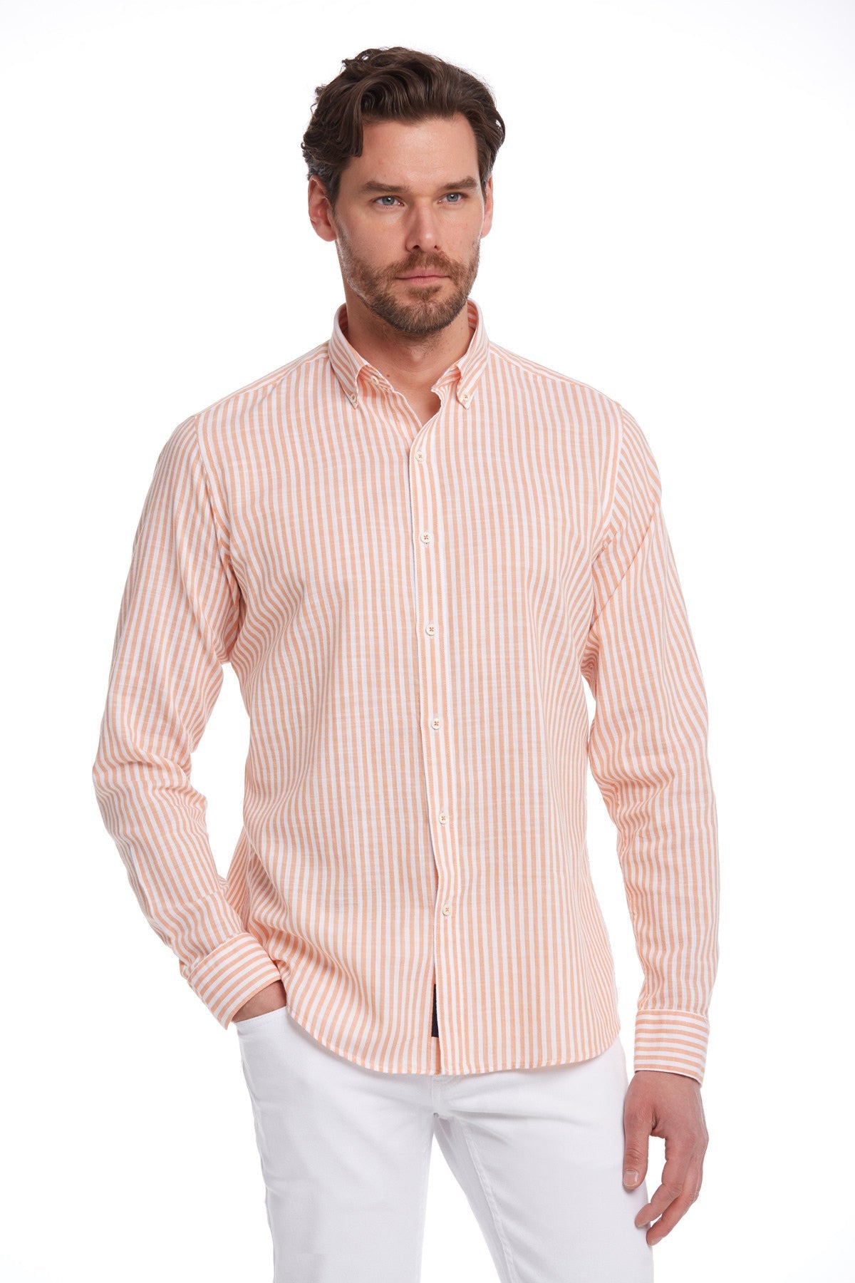 Comfort Fit Long Sleeve Striped Cotton Orange Casual Shirt