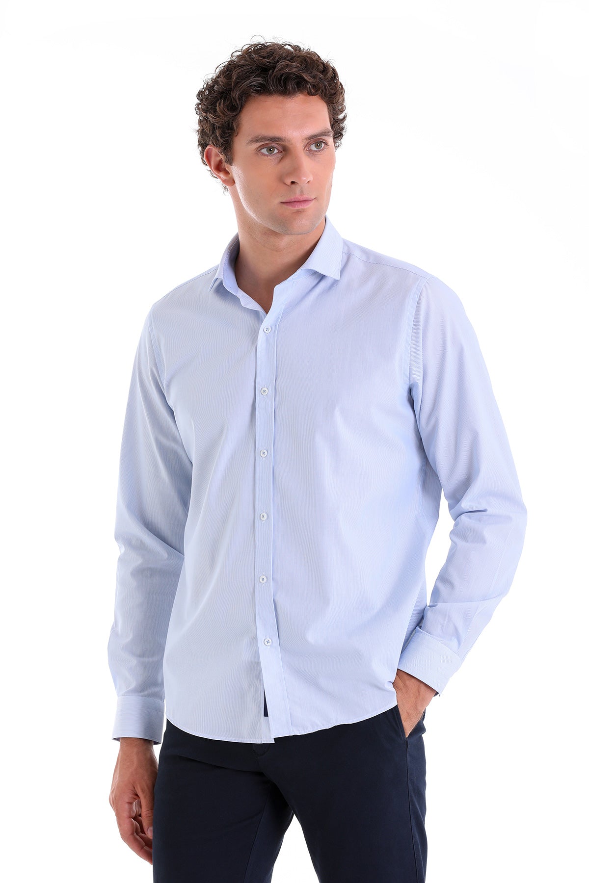 Comfort Fit Micro Pinstripe Cotton Light Blue Casual Shirt