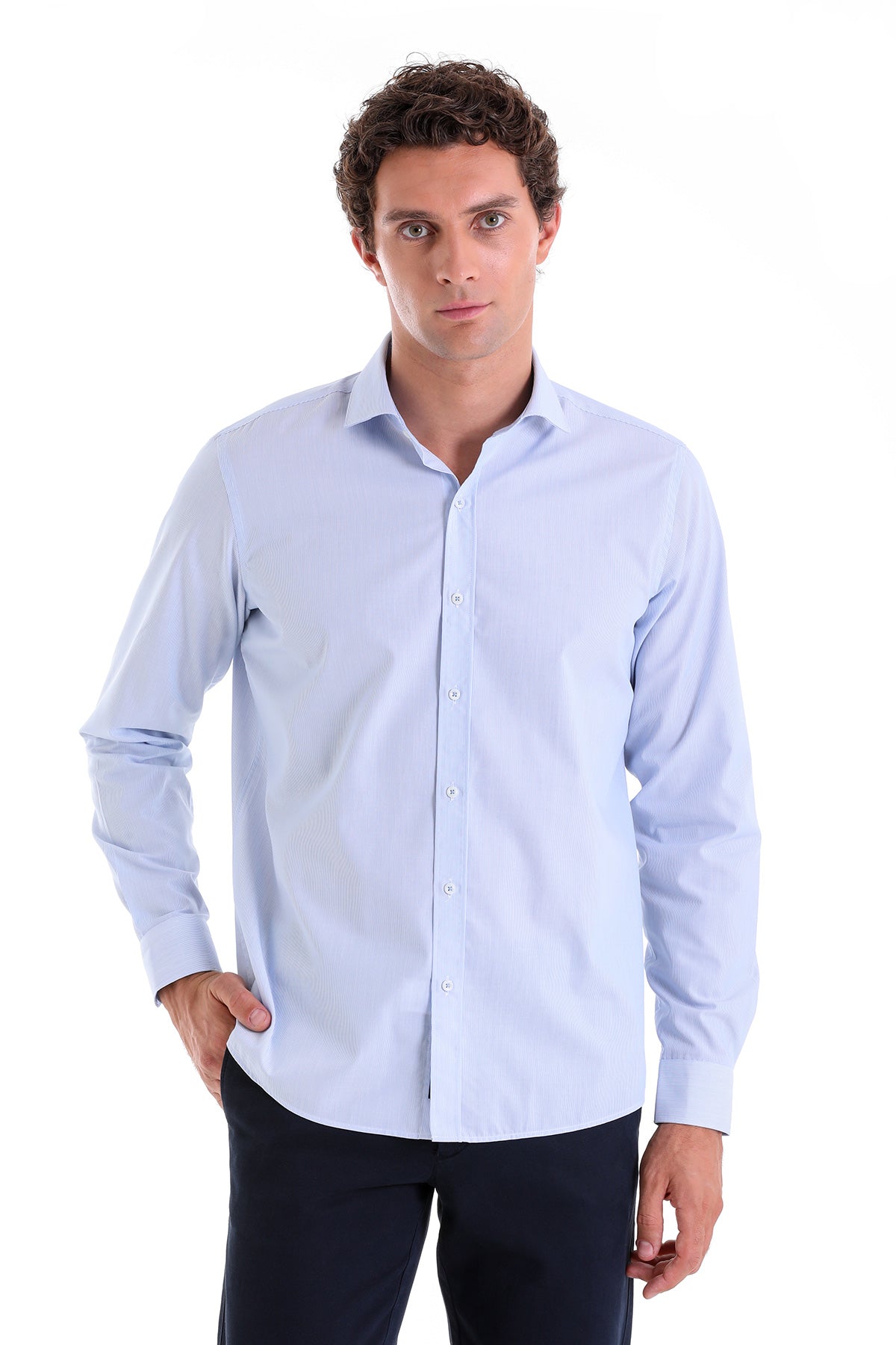 Comfort Fit Micro Pinstripe Cotton Light Blue Casual Shirt