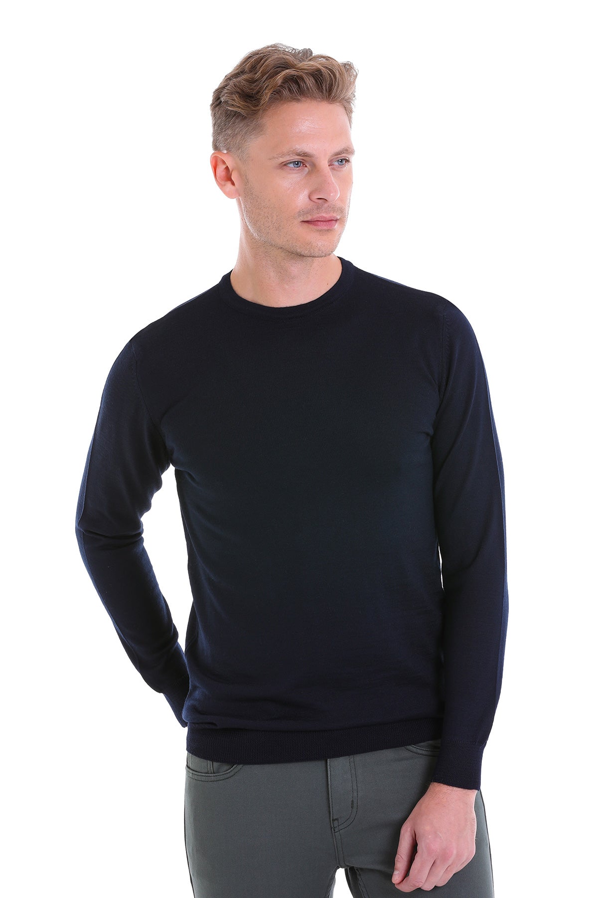 Comfort Fit Navy Wool Blend Crew Neck Sweater - MIB