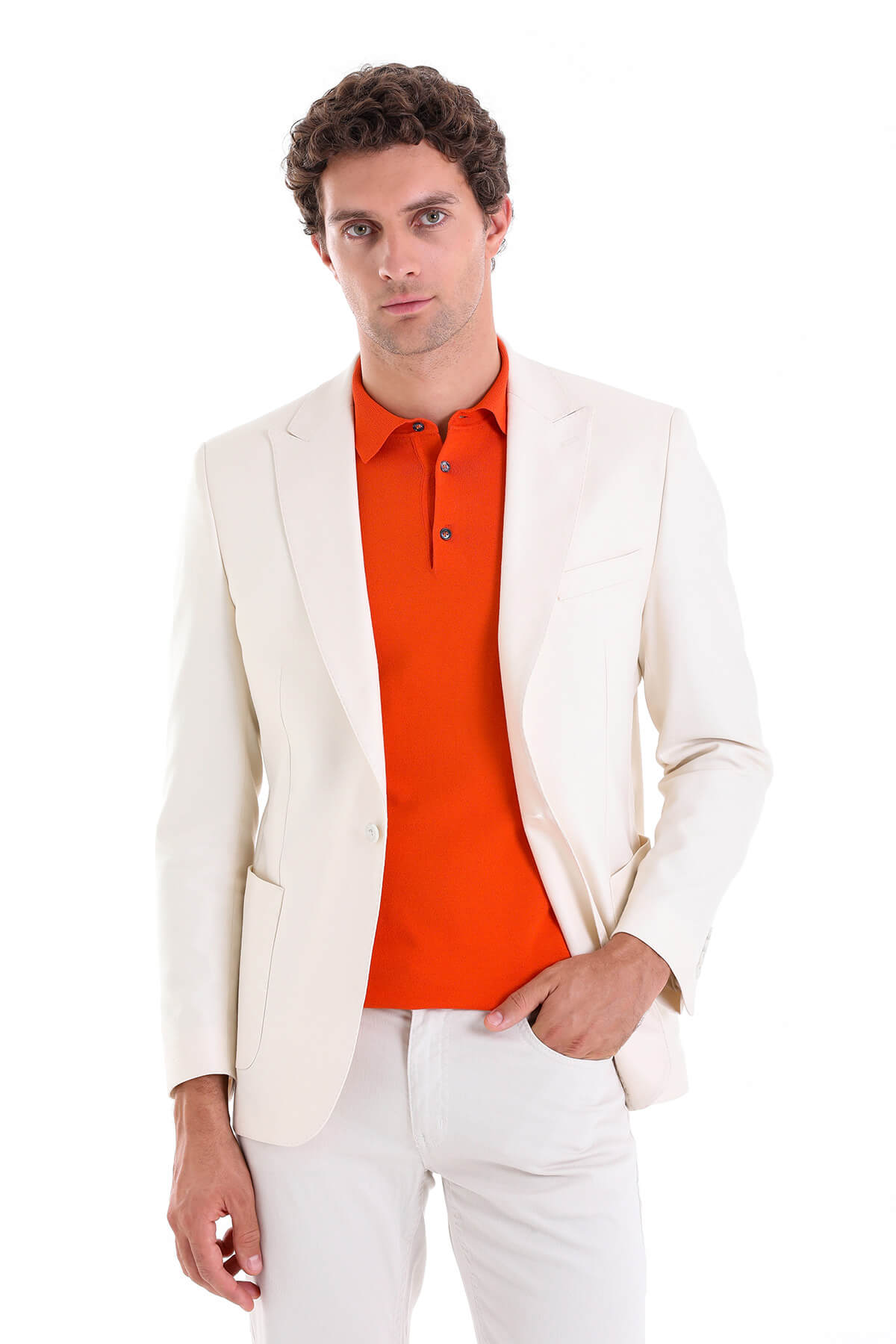 Comfort Fit Notch Lapel Ecru Linen Casual Blazer - SAYKI