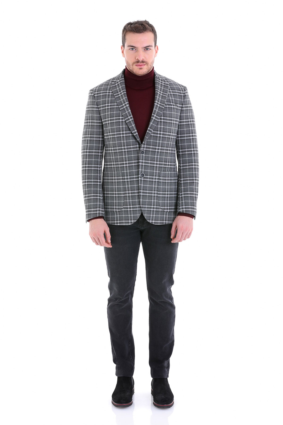 Comfort Fit Notch Lapel Gray Plaid Classic Blazer - SAYKI