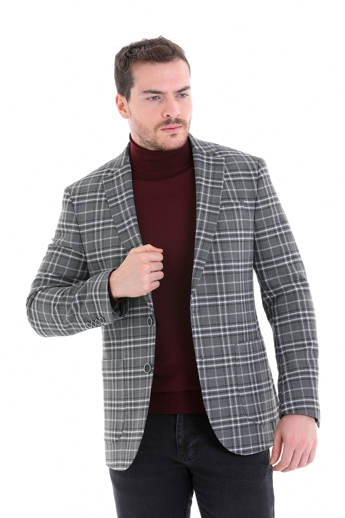 Comfort Fit Notch Lapel Gray Plaid Classic Blazer - SAYKI