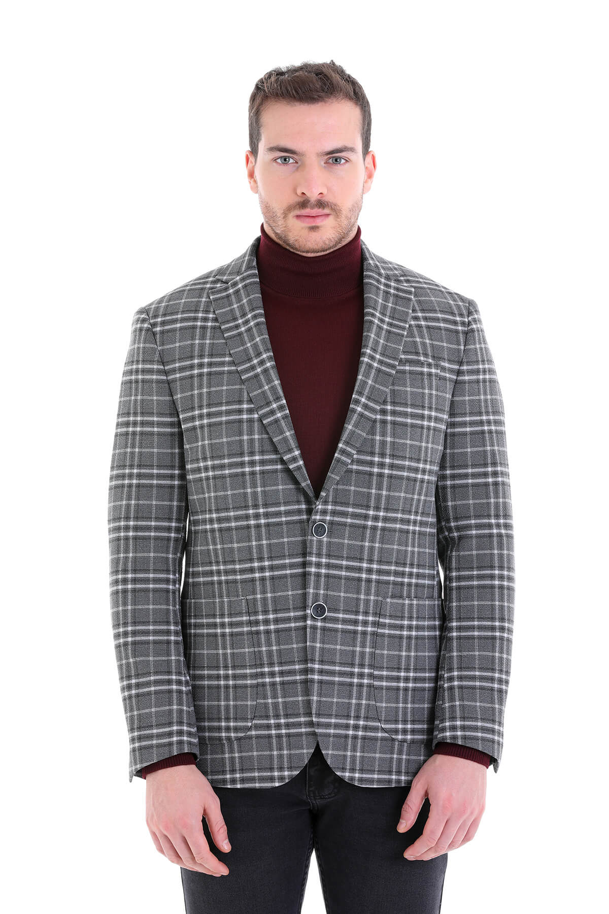 Comfort Fit Notch Lapel Gray Plaid Classic Blazer - SAYKI