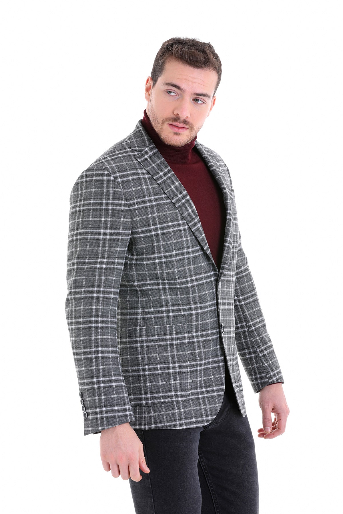 Comfort Fit Notch Lapel Gray Plaid Classic Blazer - SAYKI