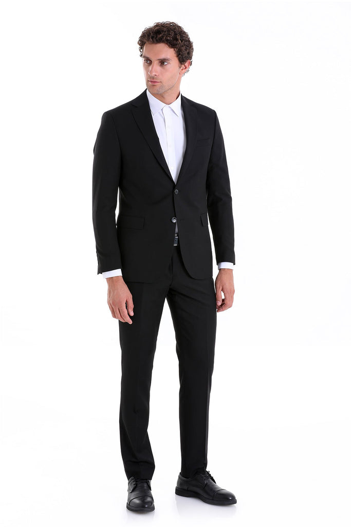 Comfort Fit Notch Lapel Plain Classic Suit Black - MIB