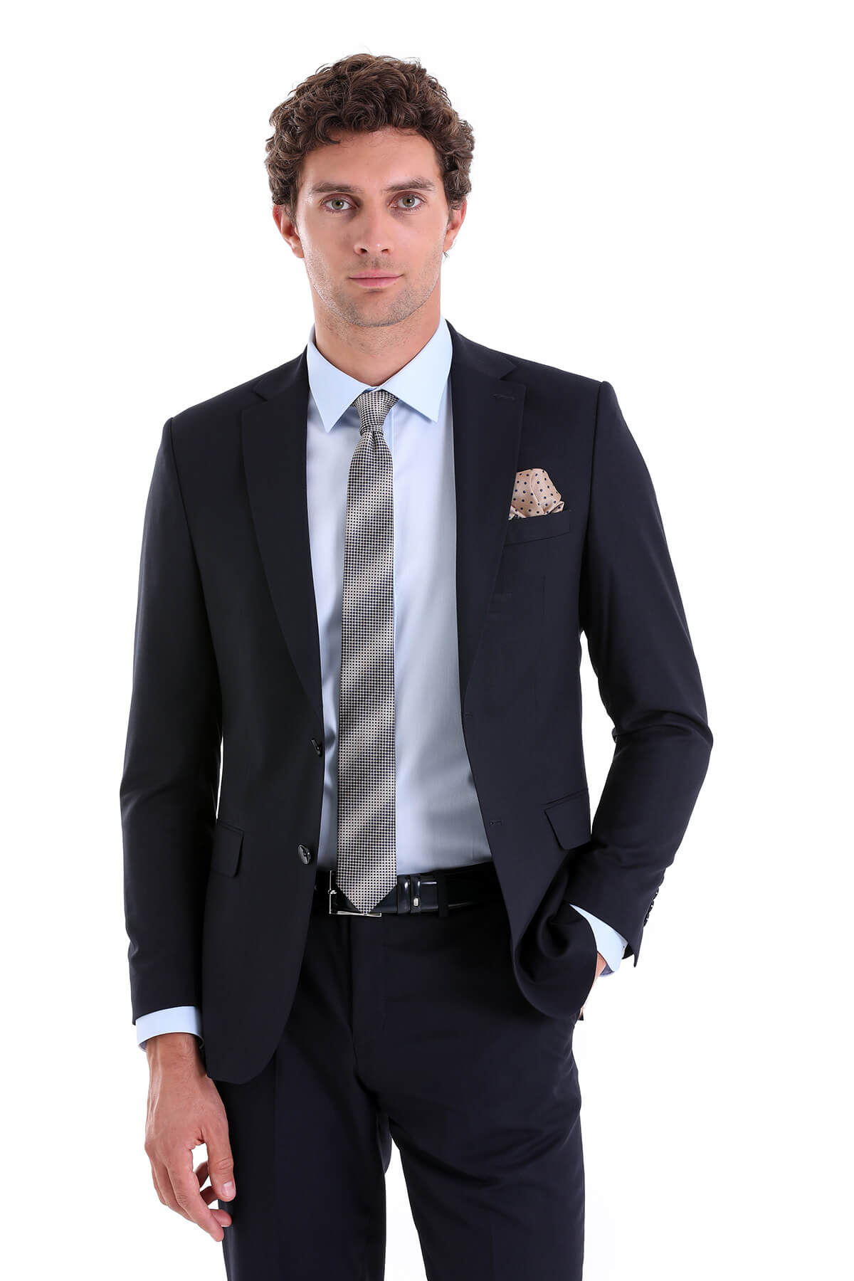 Comfort Fit Notch Lapel Plain Classic Suit Navy - MIB