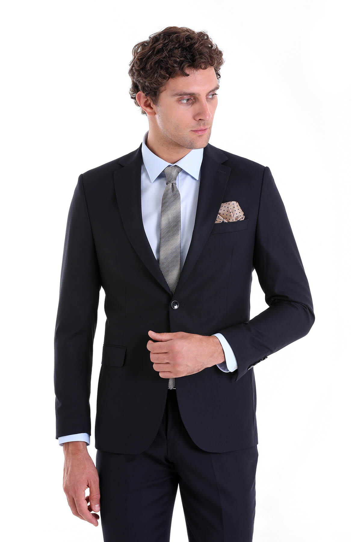 Comfort Fit Notch Lapel Plain Classic Suit Navy - MIB