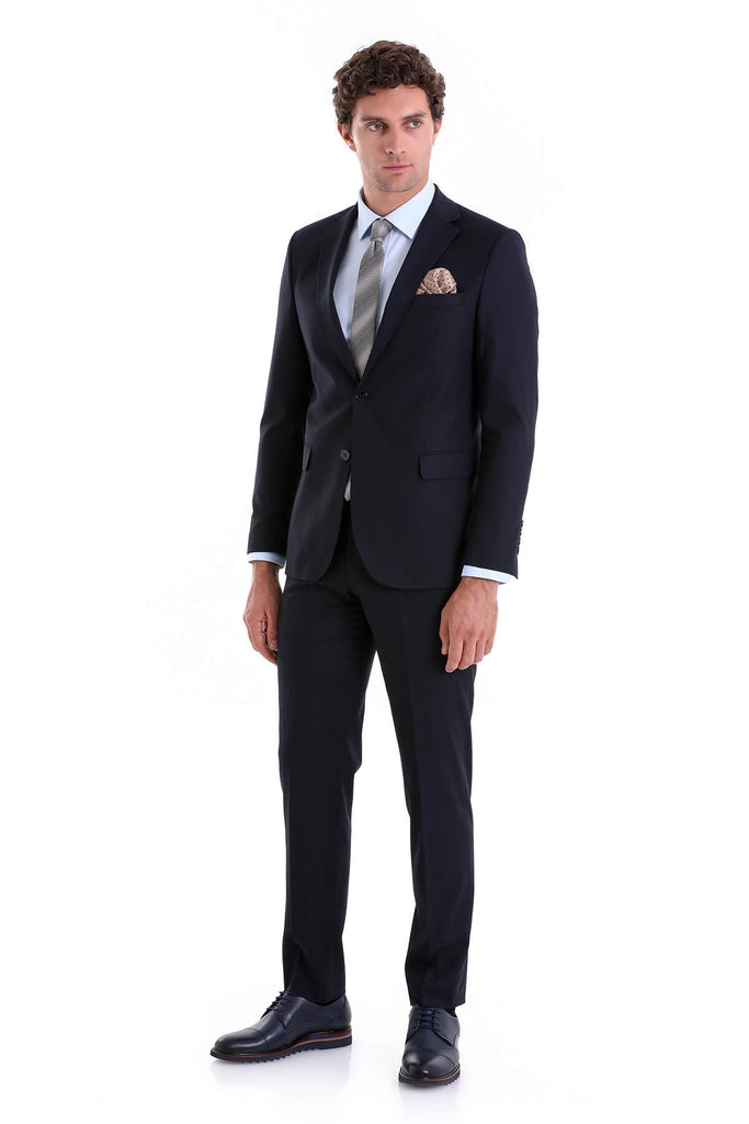 Comfort Fit Notch Lapel Plain Classic Suit Navy - MIB